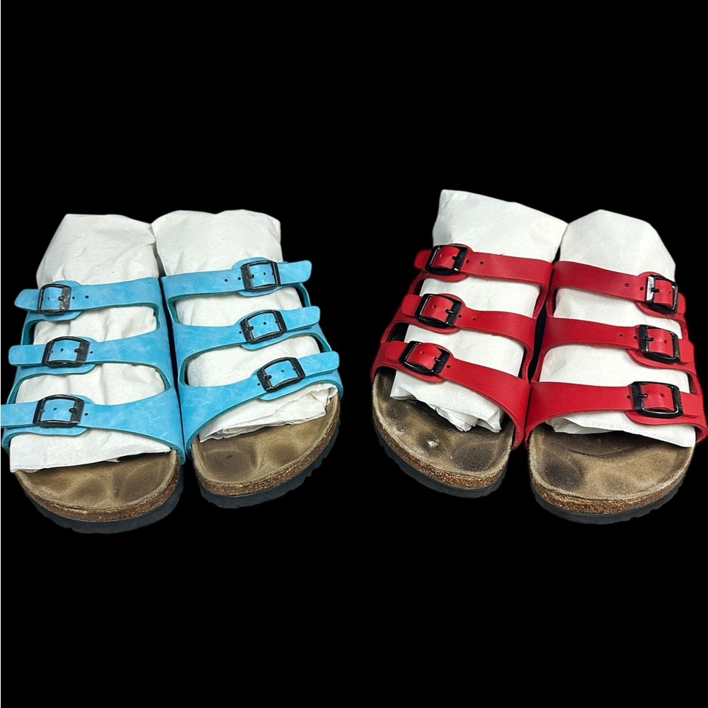 Birkenstock Florida Triple Strap  Sandals Red And Blue Synthetic Ladies Size 37